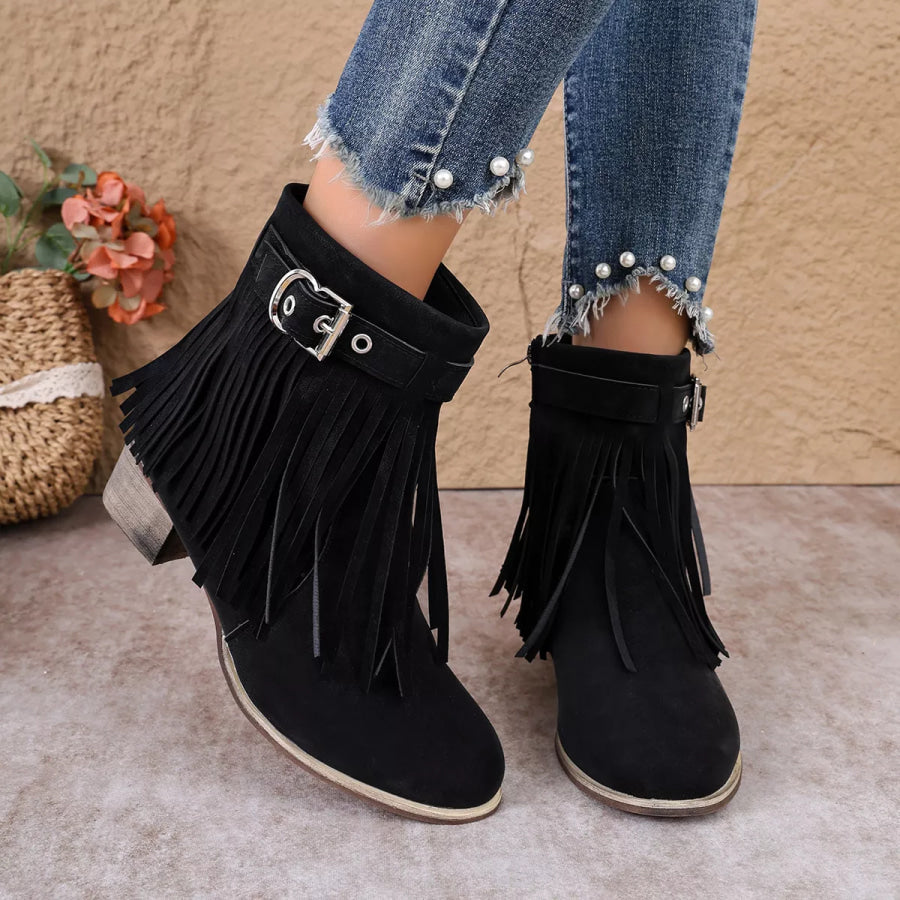 Fringe Ankle Boots with Buckle Detail Black / 36 Apparel and Accessories