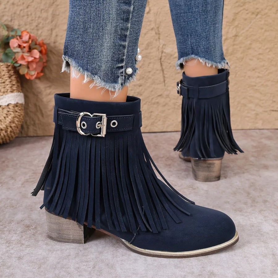 Fringe Ankle Boots with Buckle Detail Blue / 36 Apparel and Accessories