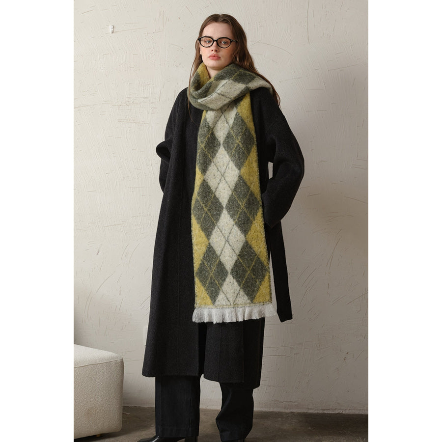 Fringe Argyle Polyester Scarf Moss / One Size Apparel and Accessories