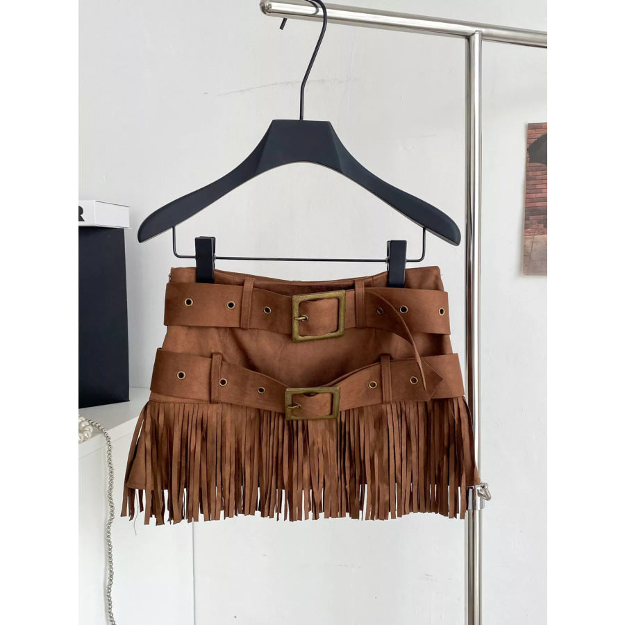 Fringe Belted Mini Skirt Apparel and Accessories