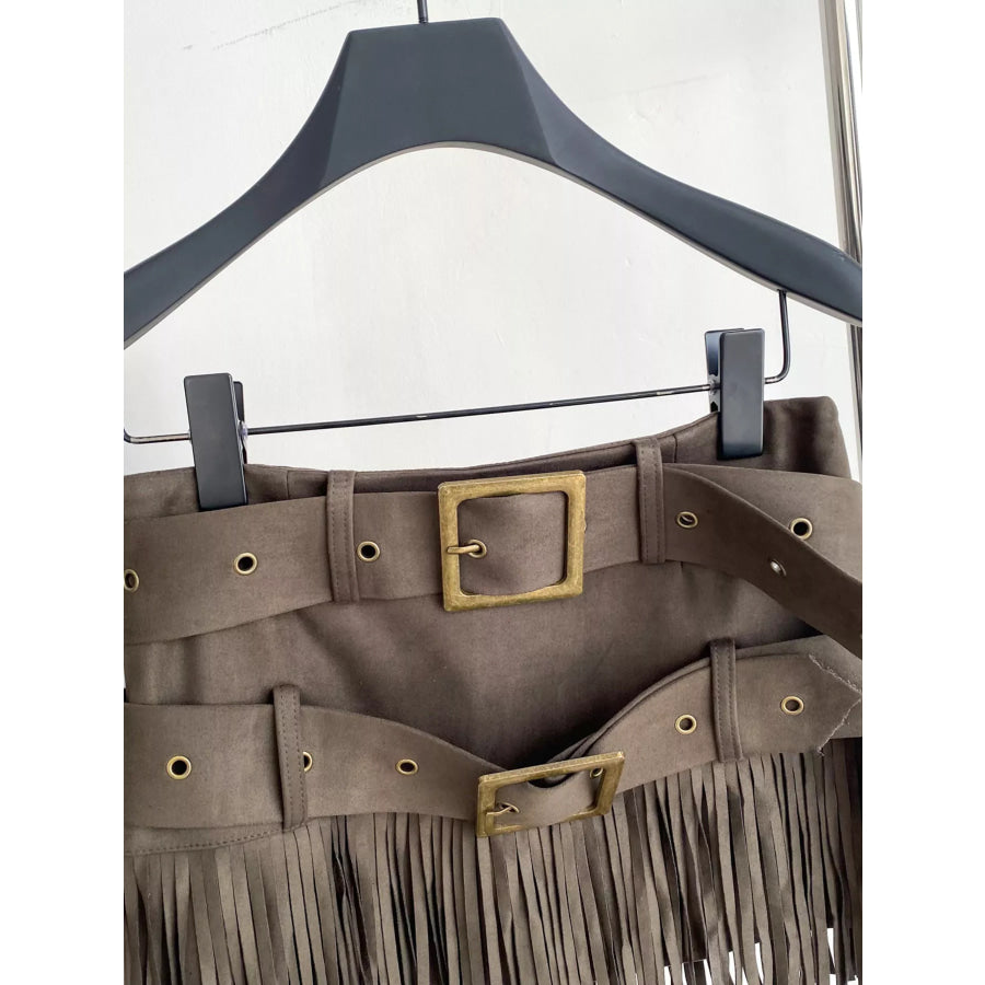 Fringe Belted Mini Skirt Apparel and Accessories