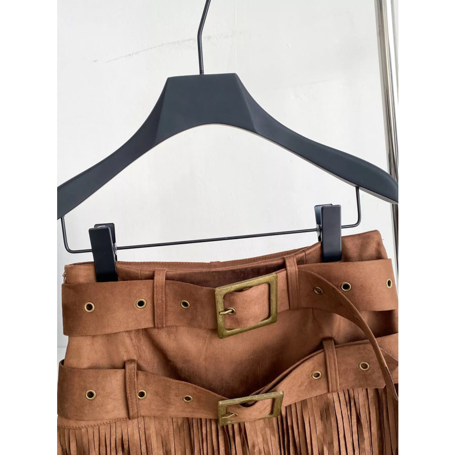 Fringe Belted Mini Skirt Apparel and Accessories