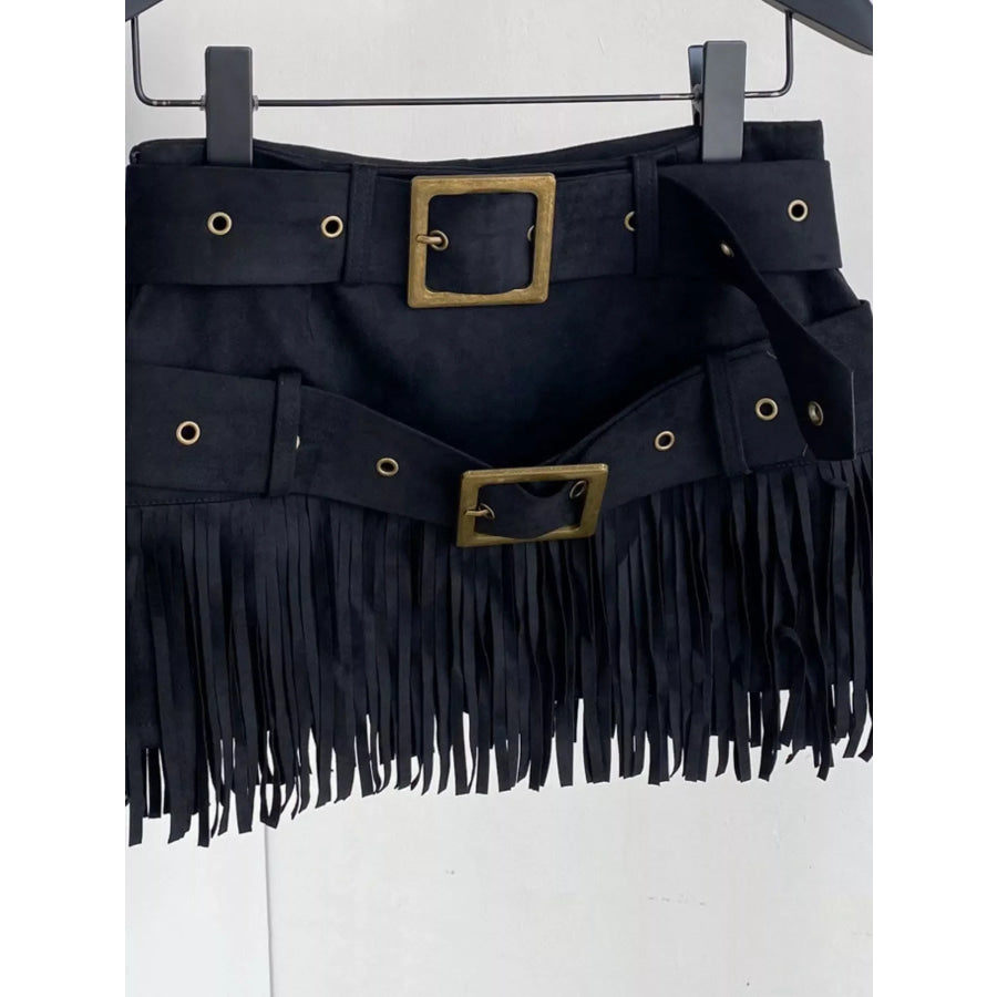 Fringe Belted Mini Skirt Apparel and Accessories