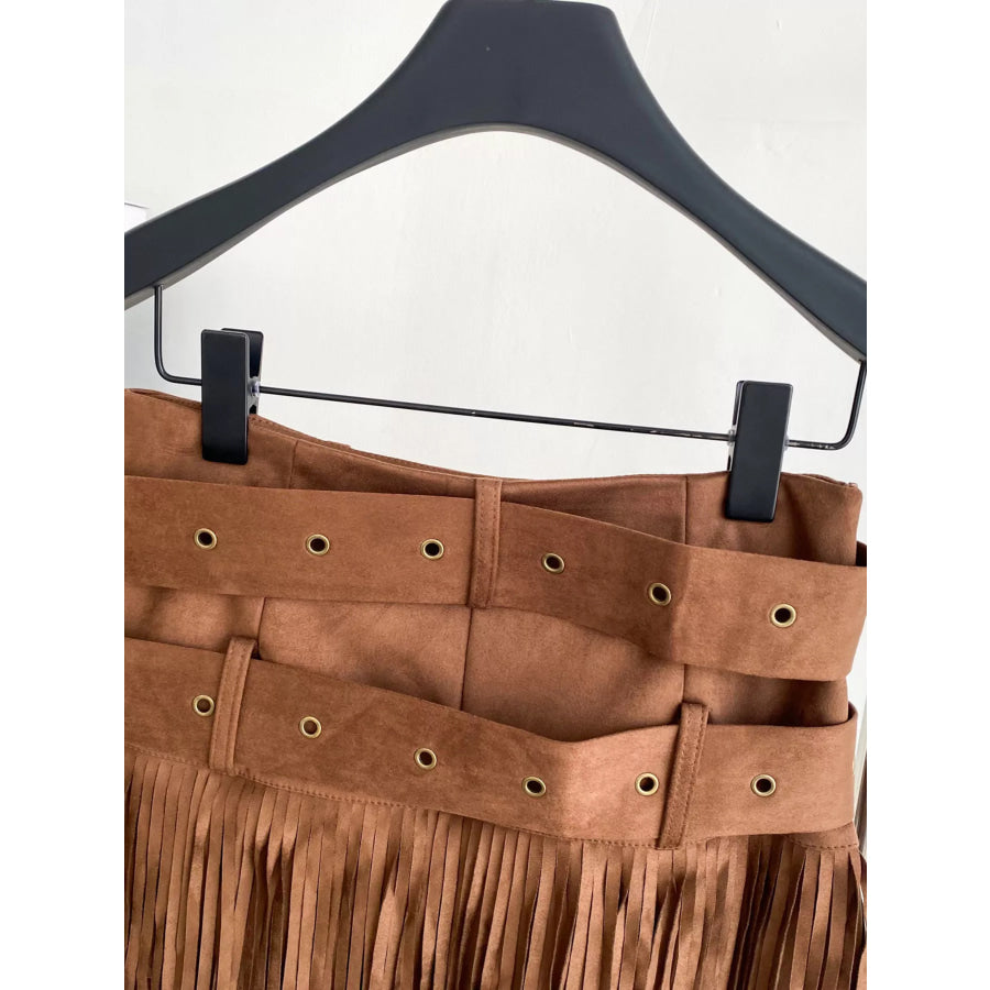 Fringe Belted Mini Skirt Apparel and Accessories