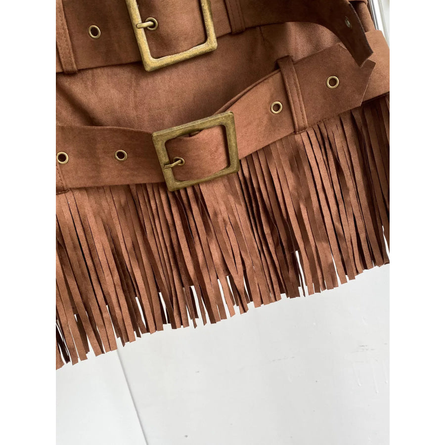 Fringe Belted Mini Skirt Apparel and Accessories