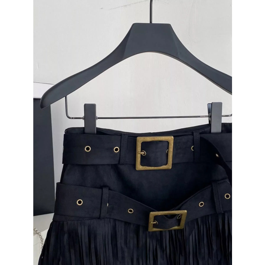 Fringe Belted Mini Skirt Apparel and Accessories