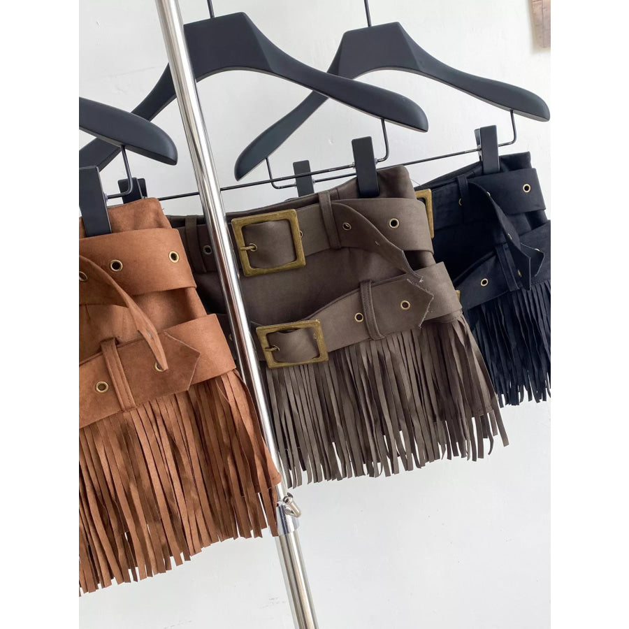 Fringe Belted Mini Skirt Apparel and Accessories