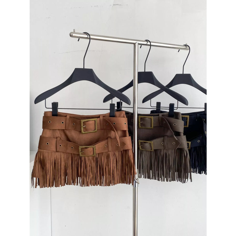 Fringe Belted Mini Skirt Apparel and Accessories