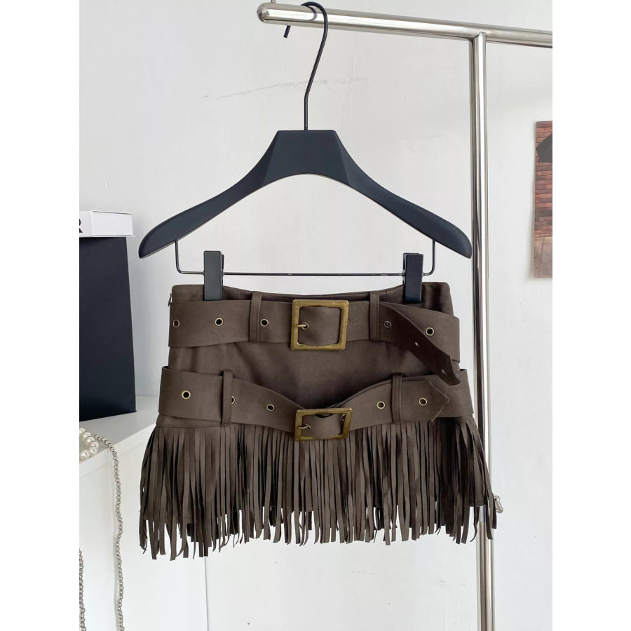 Fringe Belted Mini Skirt Army Green / S Apparel and Accessories