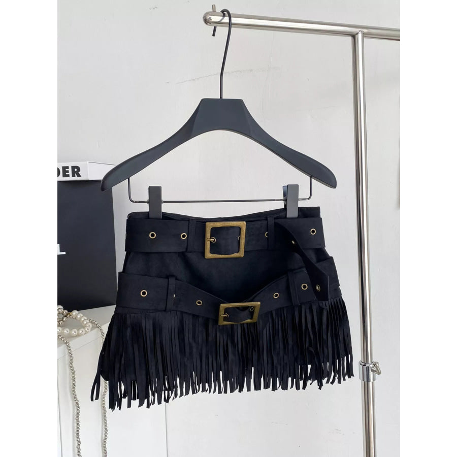 Fringe Belted Mini Skirt Black / S Apparel and Accessories