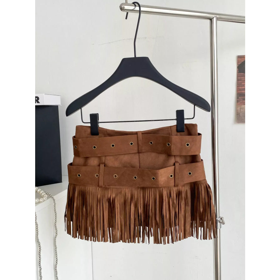 Fringe Belted Mini Skirt Apparel and Accessories