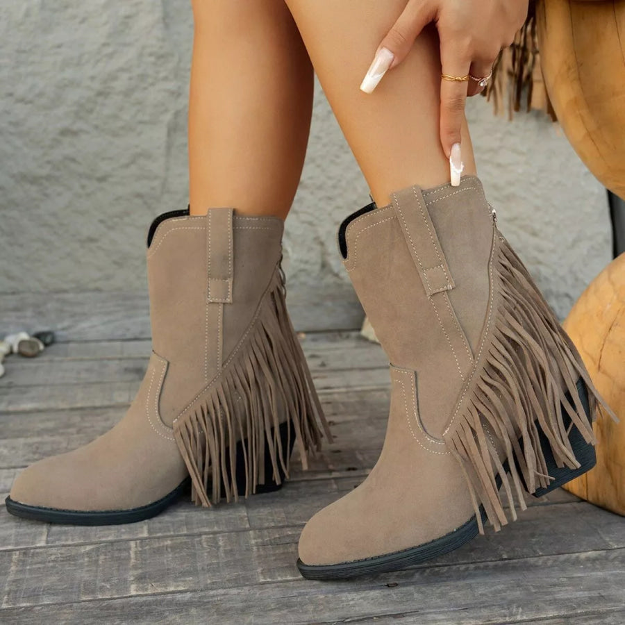 Fringe Block Heel Ankle Boots Khaki / 36 Apparel and Accessories