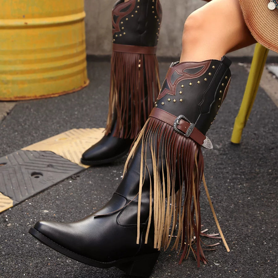 Fringe Block Heel Boots Apparel and Accessories