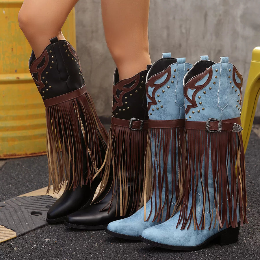 Fringe Block Heel Boots Apparel and Accessories