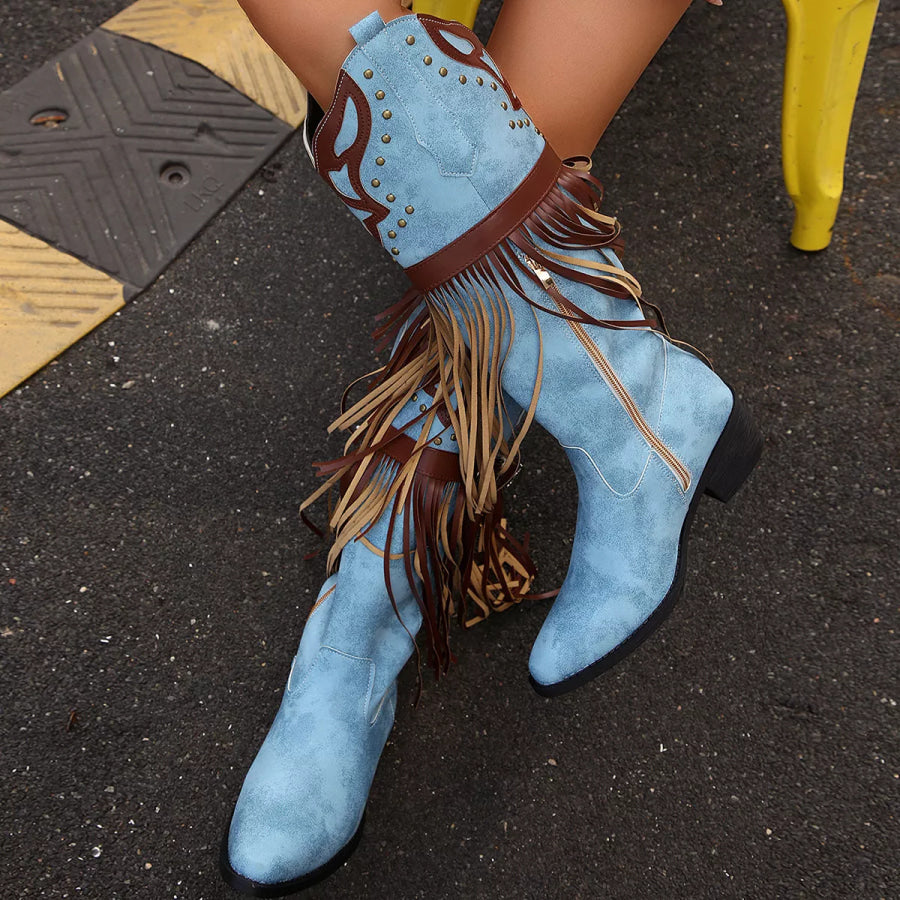 Fringe Block Heel Boots Apparel and Accessories