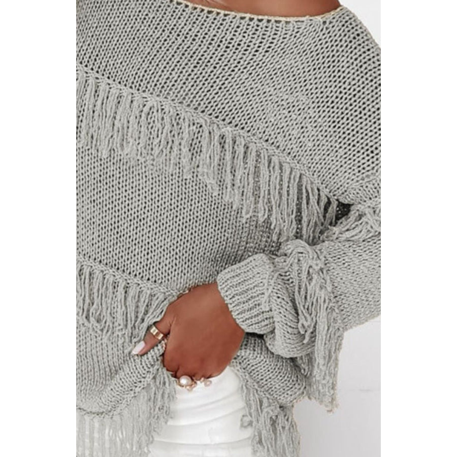 Fringe Boat Neck Long Sleeve Sweater Apparel and Accessories