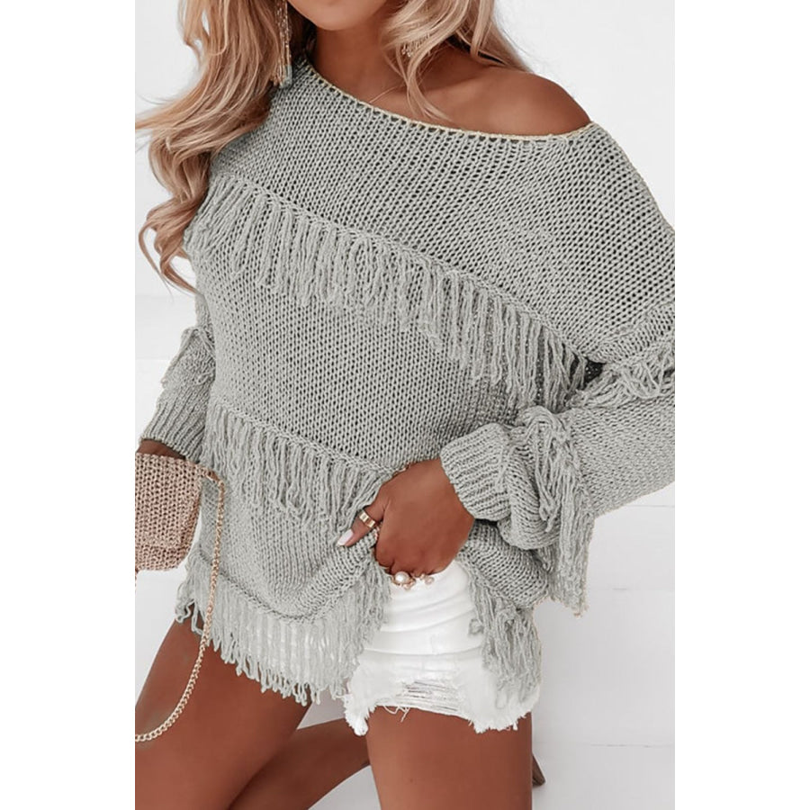 Fringe Boat Neck Long Sleeve Sweater Gray / S Apparel and Accessories