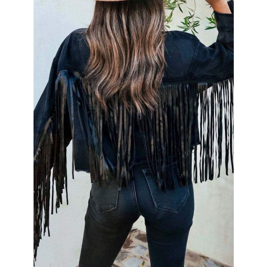 Fringe Button Up Long Sleeve Denim Jacket Apparel and Accessories