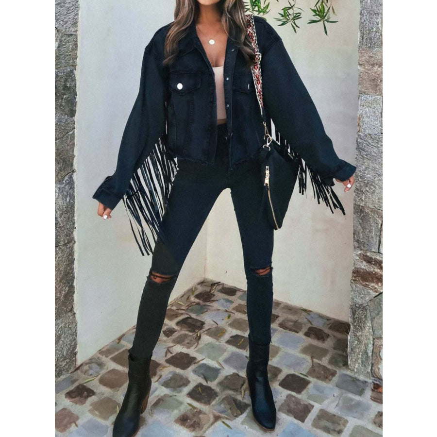 Fringe Button Up Long Sleeve Denim Jacket Apparel and Accessories