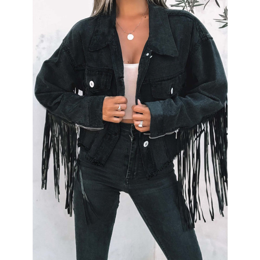 Fringe Button Up Long Sleeve Denim Jacket Black / S Apparel and Accessories