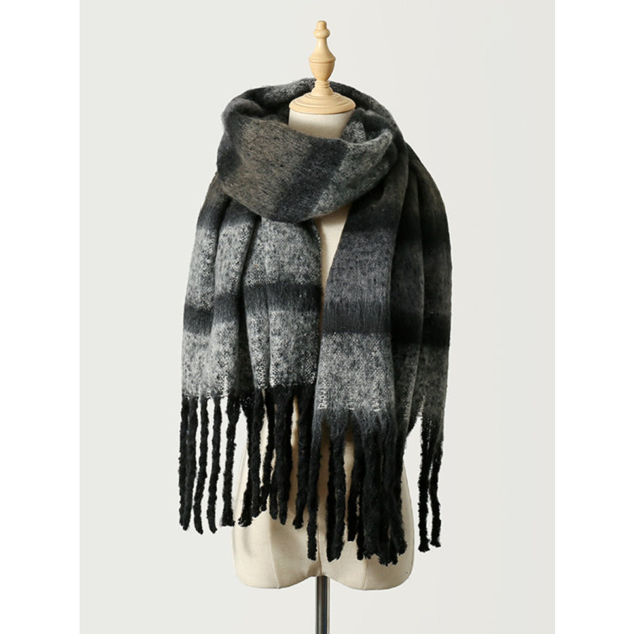 Fringe Color Block Polyester Scarf Black / One Size Apparel and Accessories
