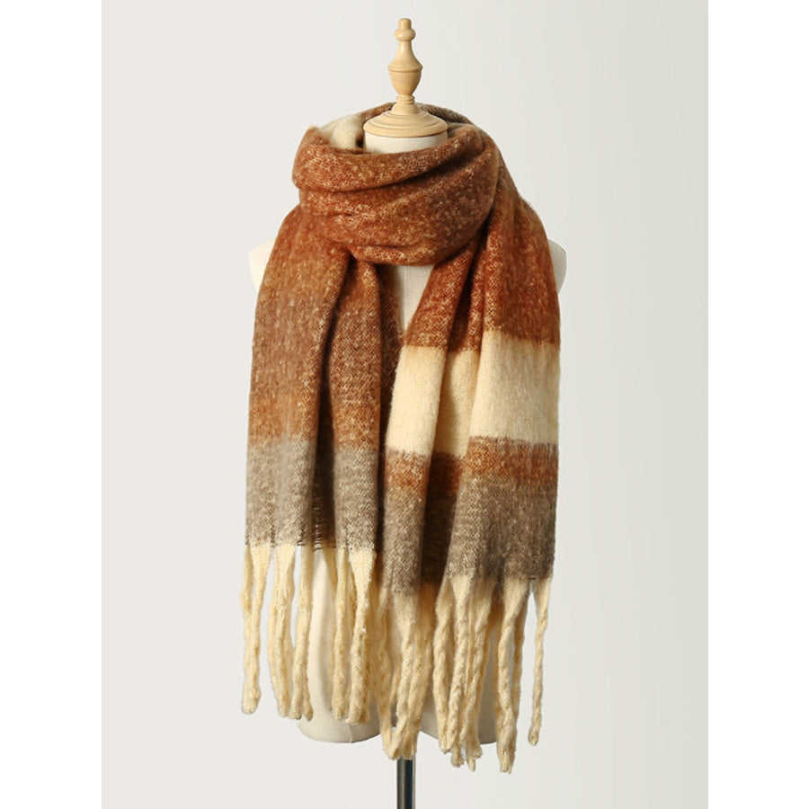 Fringe Color Block Polyester Scarf Caramel / One Size Apparel and Accessories
