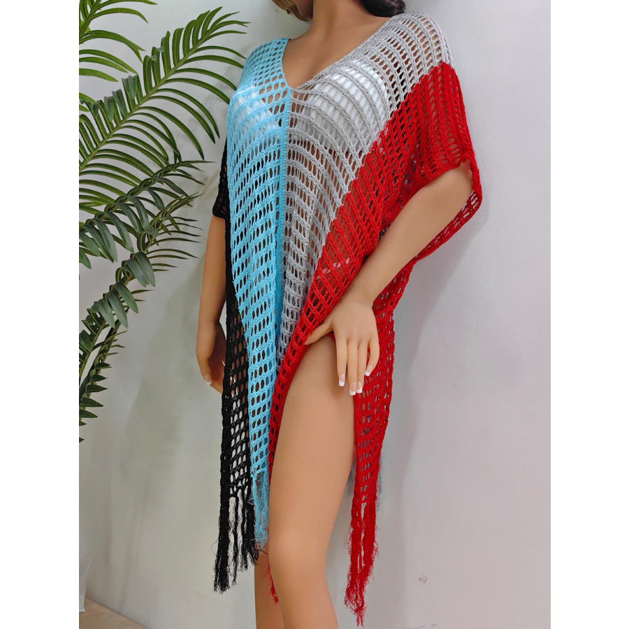 Fringe Color Block Scoop Neck Cover Up Apparel and Accessories