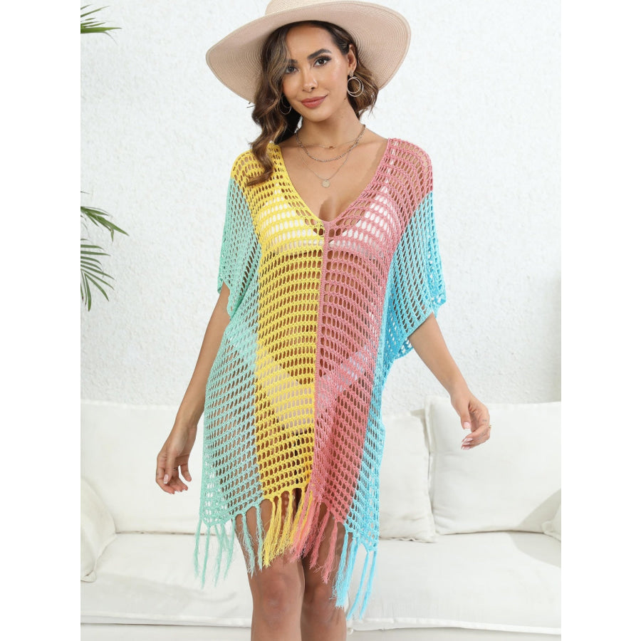 Fringe Color Block Scoop Neck Cover Up Apparel and Accessories