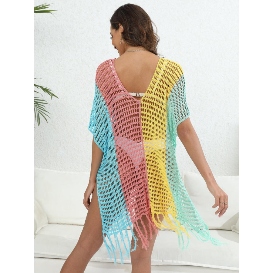 Fringe Color Block Scoop Neck Cover Up Dusty Pink / One Size Apparel and Accessories