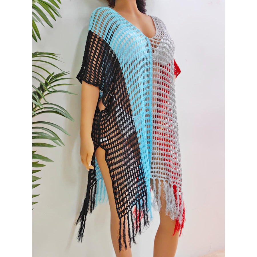 Fringe Color Block Scoop Neck Cover Up Apparel and Accessories
