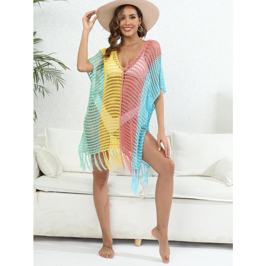 Fringe Color Block Scoop Neck Cover Up Apparel and Accessories