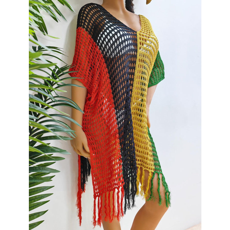 Fringe Color Block Scoop Neck Cover Up Apparel and Accessories