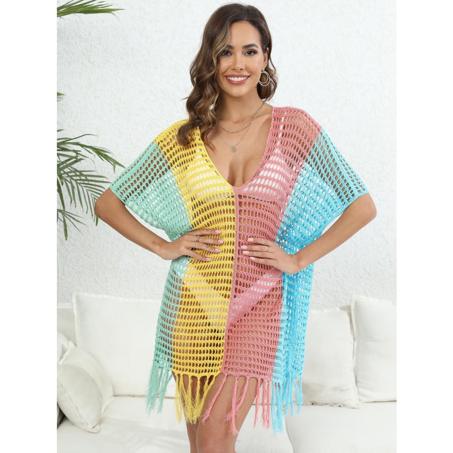 Fringe Color Block Scoop Neck Cover Up Dusty Pink / One Size Apparel and Accessories