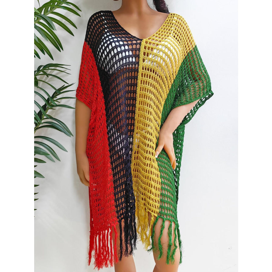 Fringe Color Block Scoop Neck Cover Up Green / One Size Apparel and Accessories