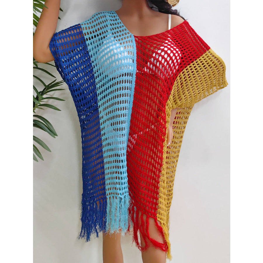 Fringe Color Block Scoop Neck Cover Up Royal Blue / One Size Apparel and Accessories