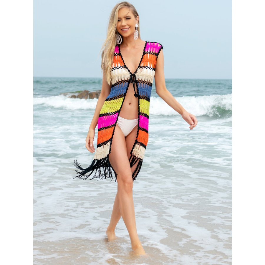 Fringe Color Block Sleeveless Cover Up Apparel and Accessories