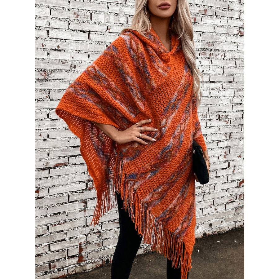 Fringe Contrast Hooded Poncho Apparel and Accessories