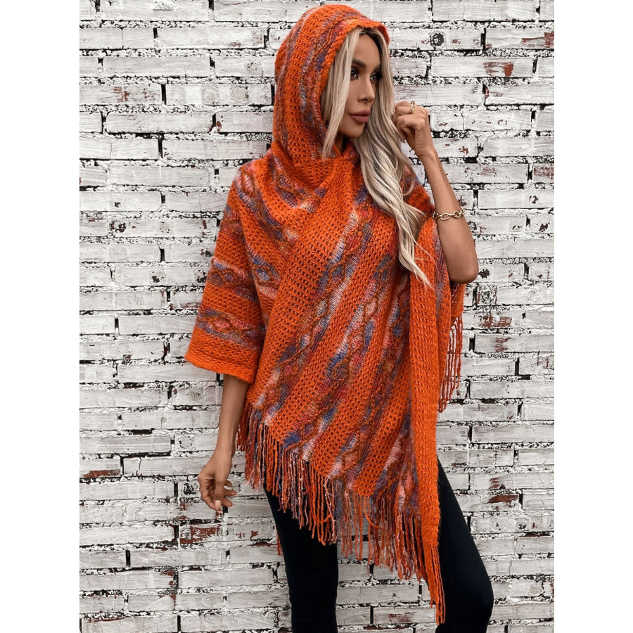 Fringe Contrast Hooded Poncho Apparel and Accessories