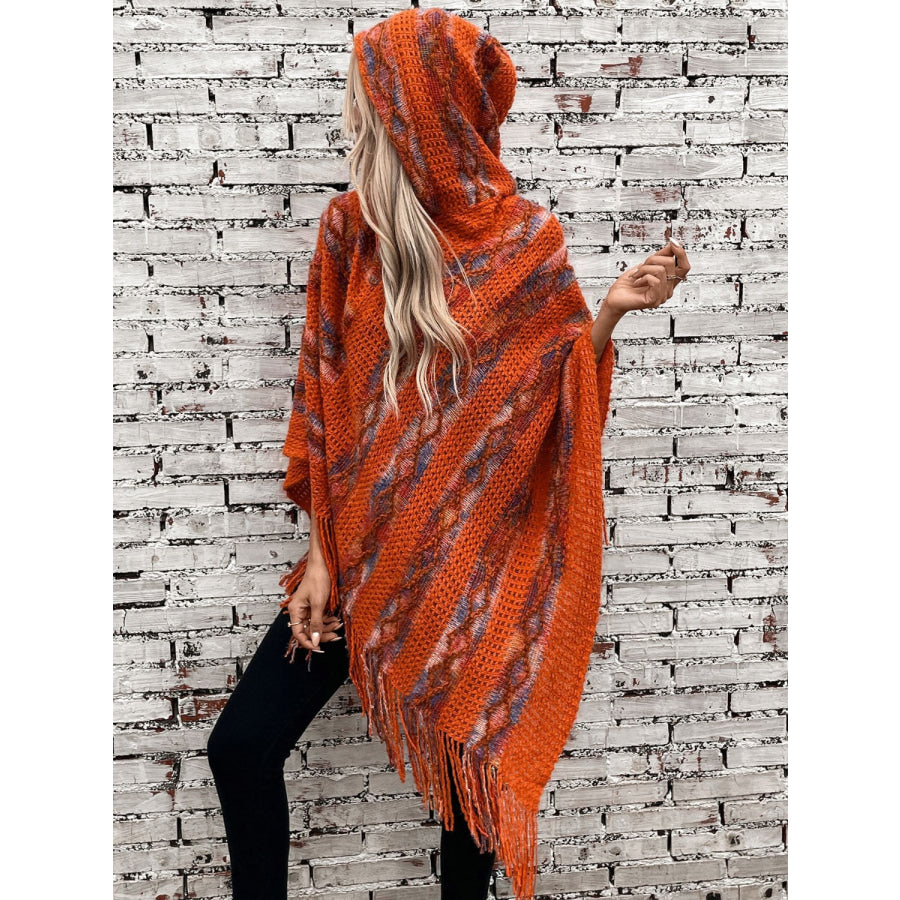 Fringe Contrast Hooded Poncho Apparel and Accessories