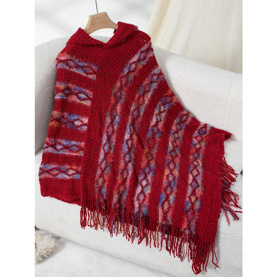 Fringe Contrast Hooded Poncho Apparel and Accessories