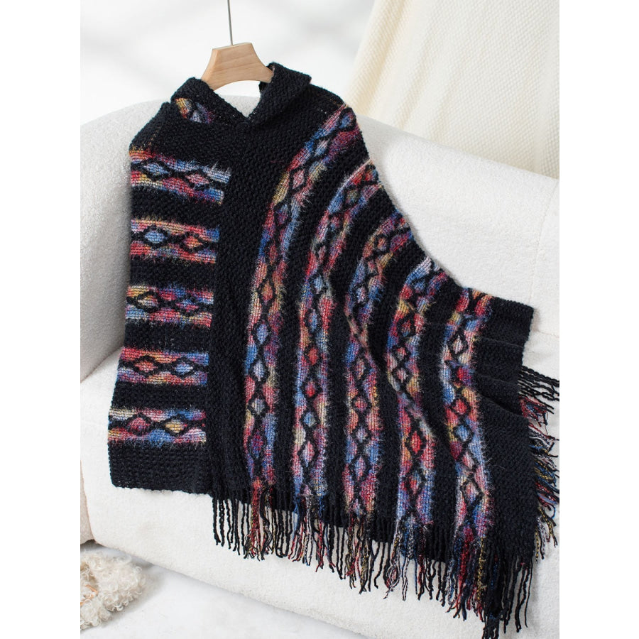 Fringe Contrast Hooded Poncho Apparel and Accessories