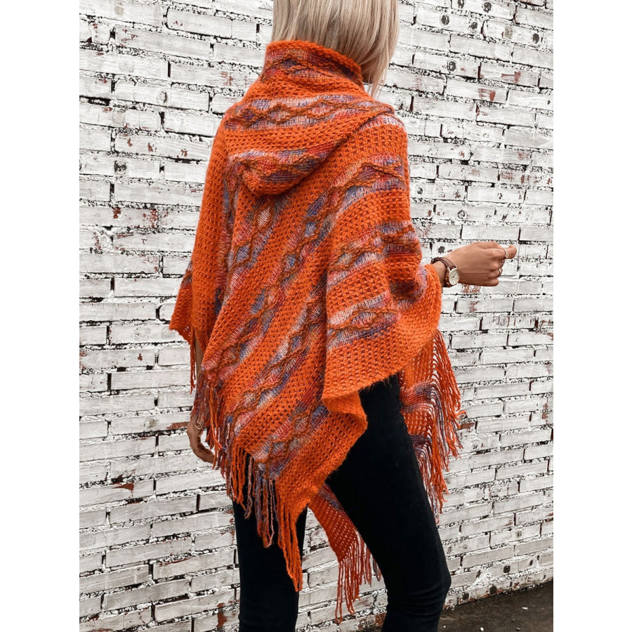 Fringe Contrast Hooded Poncho Apparel and Accessories