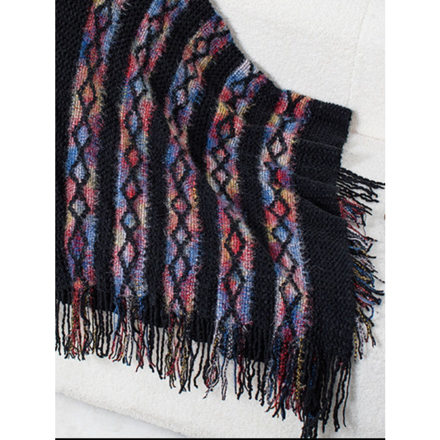 Fringe Contrast Hooded Poncho Apparel and Accessories