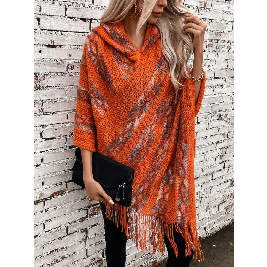 Fringe Contrast Hooded Poncho Terracotta / One Size Apparel and Accessories