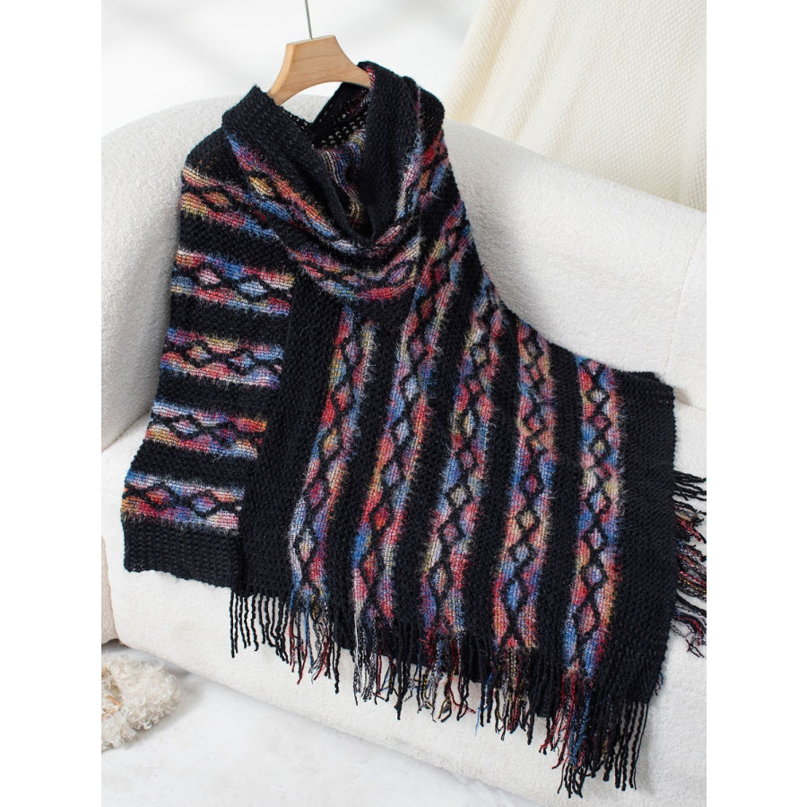 Fringe Contrast Hooded Poncho Black / One Size Apparel and Accessories