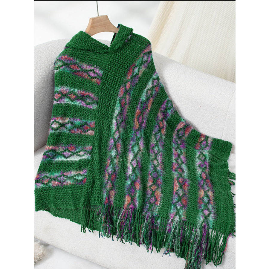 Fringe Contrast Hooded Poncho Dark Green / One Size Apparel and Accessories