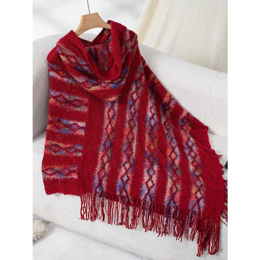 Fringe Contrast Hooded Poncho Rust / One Size Apparel and Accessories