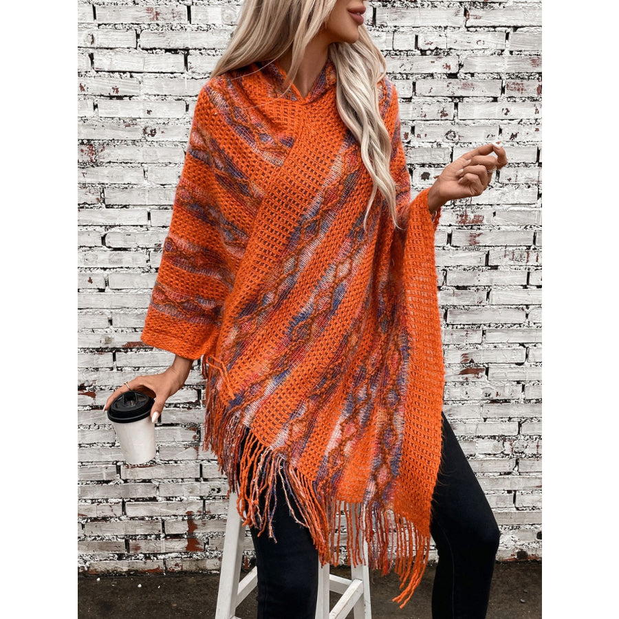 Fringe Contrast Hooded Poncho Terracotta / One Size Apparel and Accessories