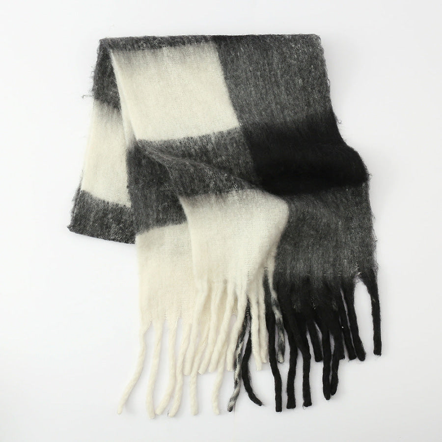 Fringe Contrast Plaid Polyester Scarf Black / One Size Apparel and Accessories