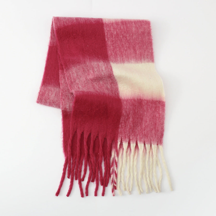 Fringe Contrast Plaid Polyester Scarf Deep Rose / One Size Apparel and Accessories